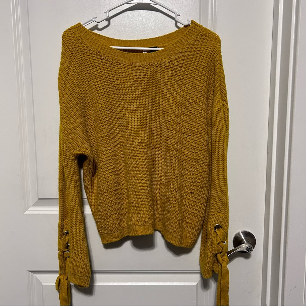 Love By Design Yellow Mustard Solid Knit Winter Sweater with Tied Sleeves